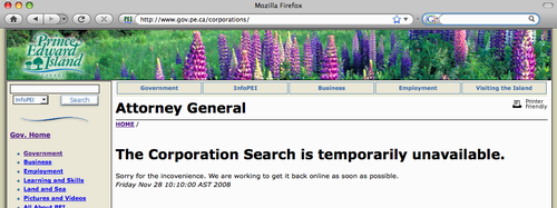 Detail of a screen shot of www.gov.pe.ca/corporations show the Corporate Register search offline on November 28, 2008