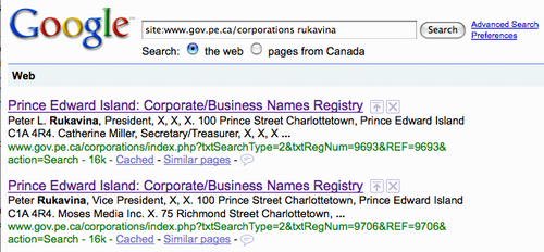 Screen Shot of Google Search of the PEI Corporate Register for 'Rukavina'
